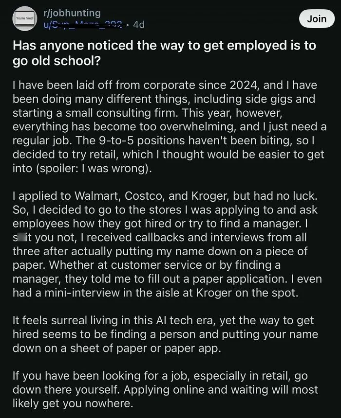 Reddit post about old school job hiring methods beating online applications