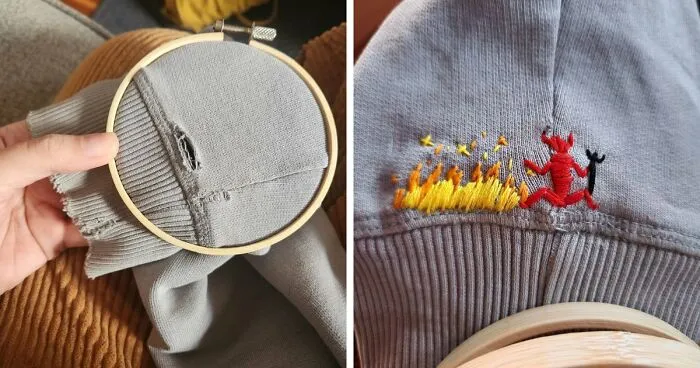 Before and after embroidery of a small devil near a campfire to cover a hole and save money with creativity