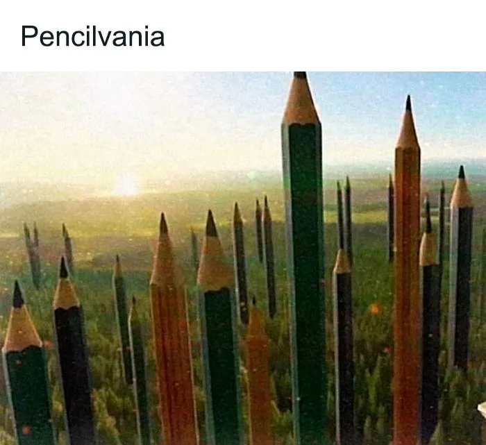 Hilarious memes featuring pencils sticking out of the ground labeled Pencilvania