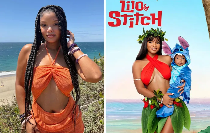 Halle Bailey in orange top and dressed as Lilo with baby in Stitch costume, examples of celebrity Halloween costumes.