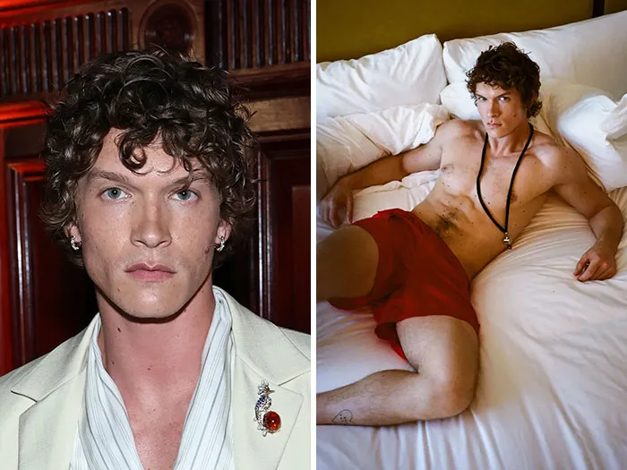 Model and actor Louis Partridge posing in two photos, considered a top Hollywood hunk for Sexiest Man Alive
