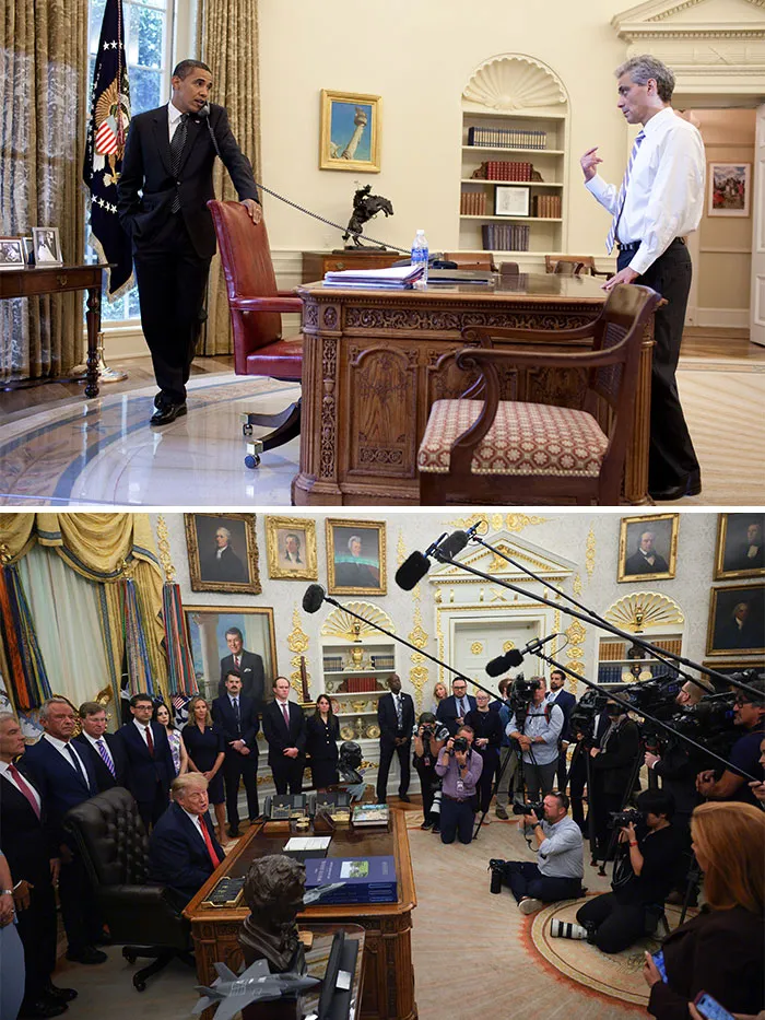Comparison photos of Obama and Trump working at their desks in the Oval Office.