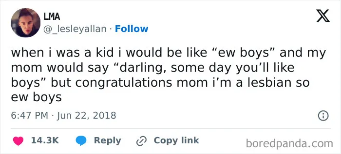 Funny tweet about childhood and being a lesbian meme