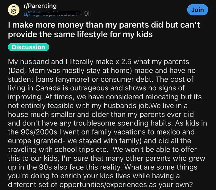 Post about making more money than parents but struggling with cost of living