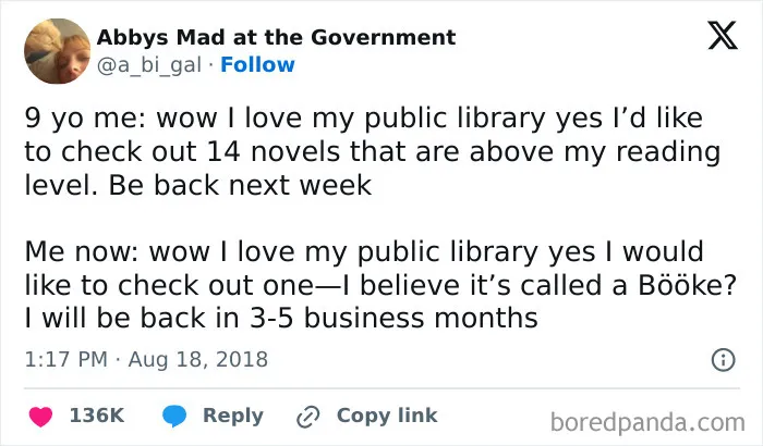 Tweet about loving the public library at different ages in growing up memes