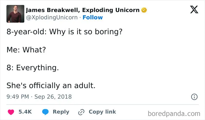 Meme about an 8-year-old finding life boring and adulthood realization