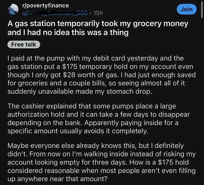 Financial dystopia story about gas station holding grocery money via debit card