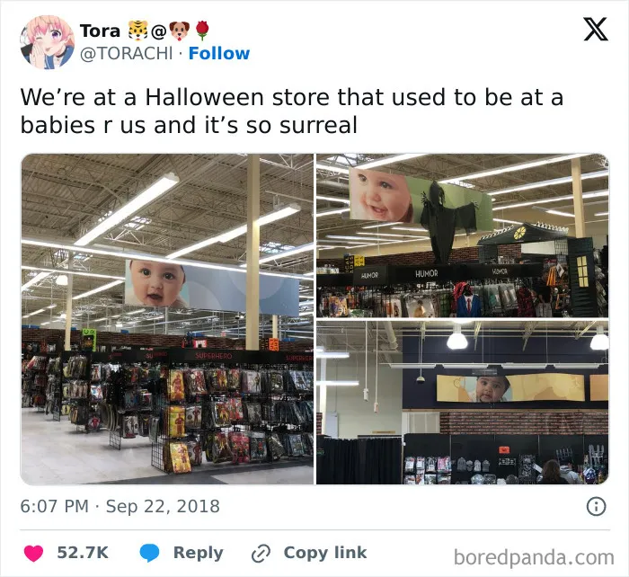Photos of a Halloween store inside a former toy store from relatable Halloween tweets.