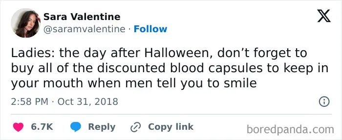 Humorous post about post-Halloween discounted blood capsules during spooky season