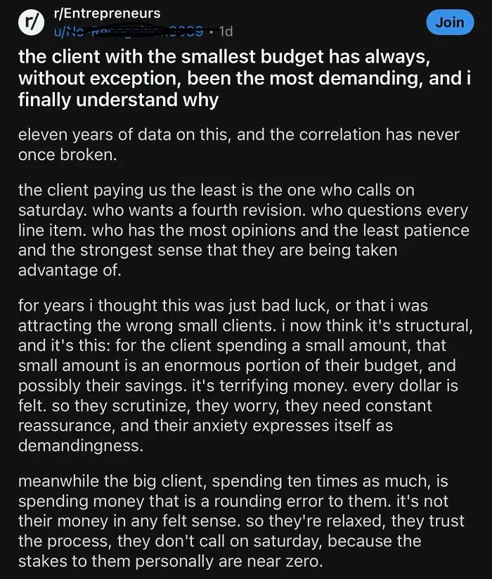 Financial dystopia discussing demanding clients with smallest budgets in entrepreneurship