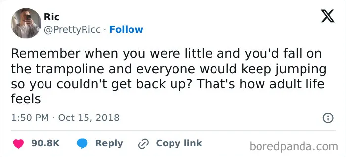 Tweet comparing falling on a trampoline as a child to adult life struggles