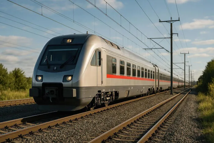 A passenger train traveling along rural tracks, representing public places where strangers said uncomfortable things