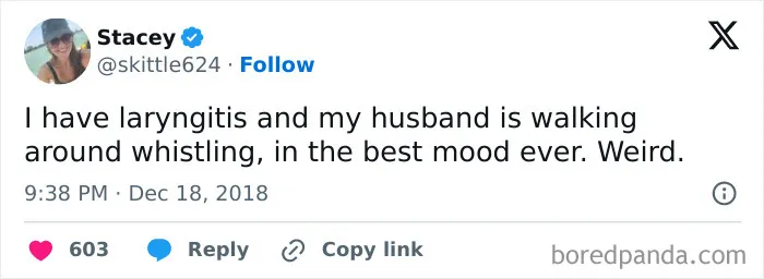 Relatable marriage tweets about a husband whistling cheerfully while his wife has laryngitis.