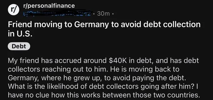Financial dystopia about avoiding US debt collection by moving to Germany