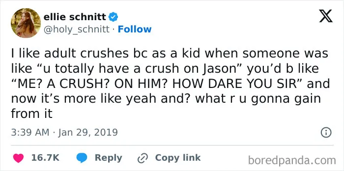 Tweet about liking adult crushes compared to childhood crushes in growing up memes