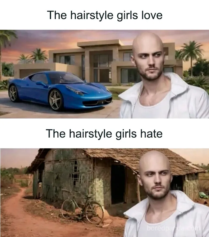 Relatable memes showing hairstyle girls love and hate with contrasting backgrounds