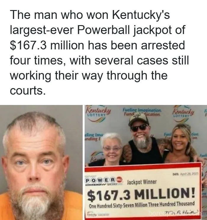 Mugshot of a lottery winner alongside his winning announcement, illustrating creepy facts about wealth.
