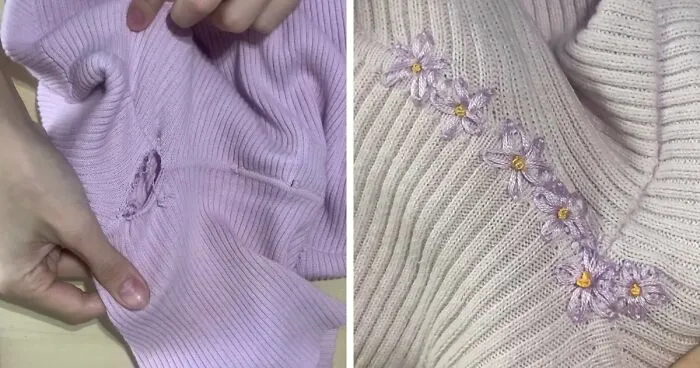 A torn purple sweater mended with embroidered purple flowers showing creativity.