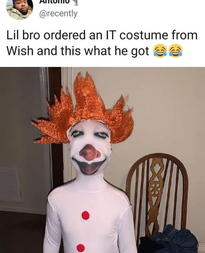 Hilarious Halloween memes showing a budget Pennywise clown costume fail