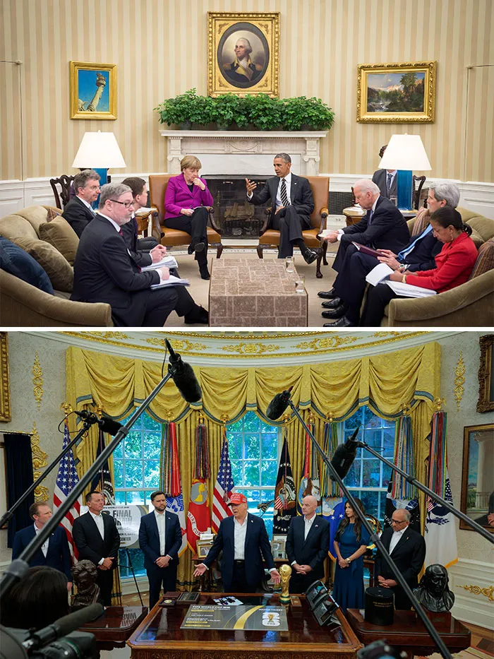 Side-by-side images showing meetings held in the Obama and Trump Oval Offices.