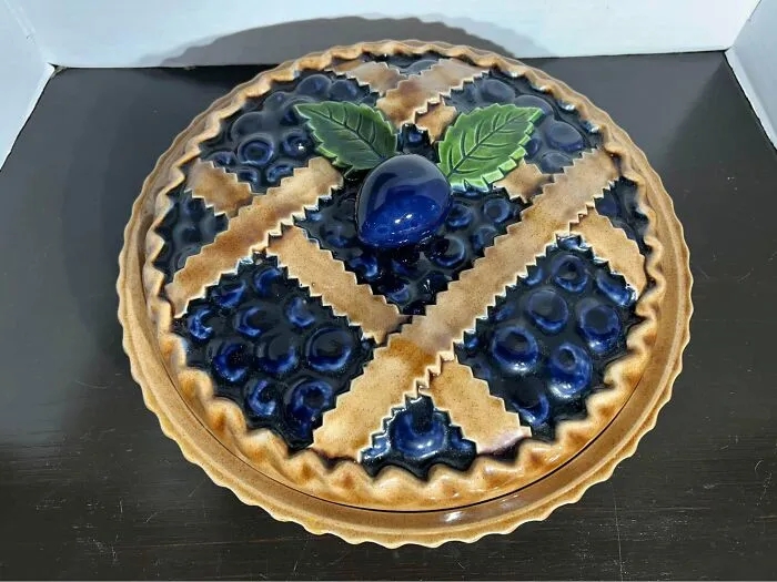 Blue ceramic blueberry pie-shaped covered dish thrift store finds