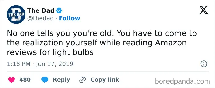 Funny meme about realizing you're old when reading Amazon reviews for light bulbs