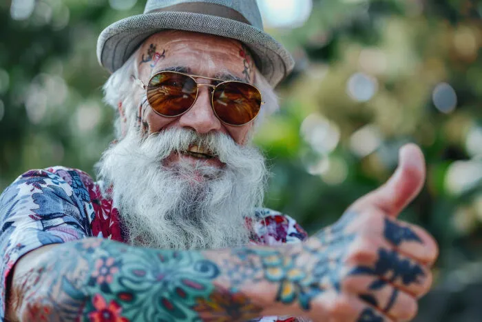 An elderly man with tattoos, sunglasses, and a long white beard giving a thumbs up, representing unusual cults