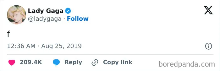 Lady Gaga posting a single letter tweet, illustrating funny celebrity social media fails.