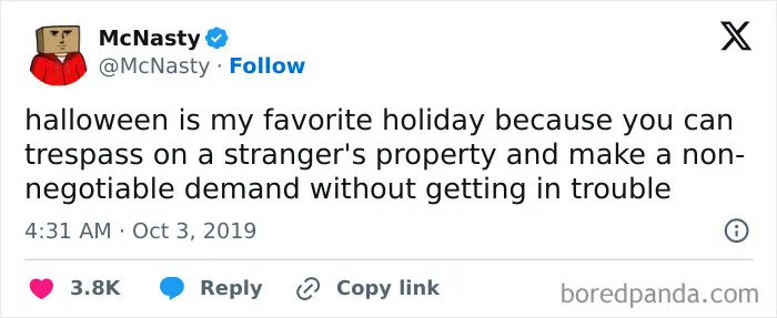 Relatable Halloween tweet joking about trick-or-treating being legal trespassing