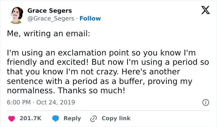 Humorous post about overthinking email punctuation from relatable work tweets.