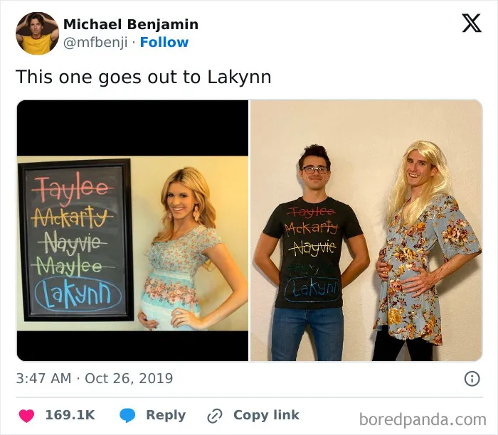 Two men recreating a meme picture as a Halloween costume, featured in funny Halloween tweets.