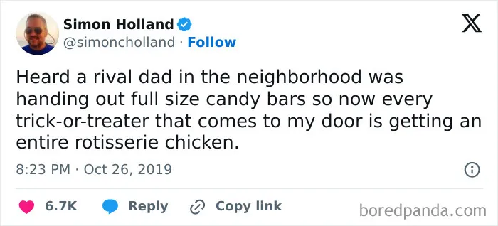 A funny post from Simon Holland about neighborhood rivalry with trick-or-treaters as part of Halloween Tweets.