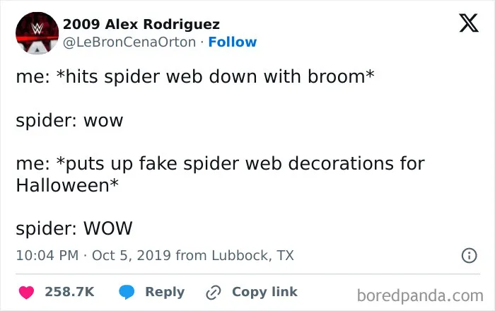 A post by 2009 Alex Rodriguez featuring a funny joke about spider webs and Halloween decorations for spooky season.