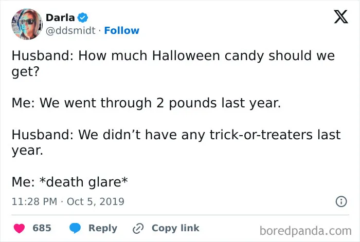 Funny social media post about eating two pounds of Halloween candy without trick-or-treaters during spooky season.