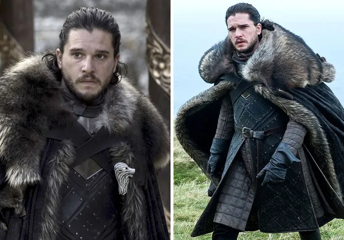 Side-by-side scenes of Jon Snow from Game of Thrones, example of male TV characters who display toxic behavior.