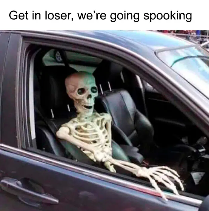 Spooky Halloween memes featuring a skeleton prop sitting in the driver seat of a car