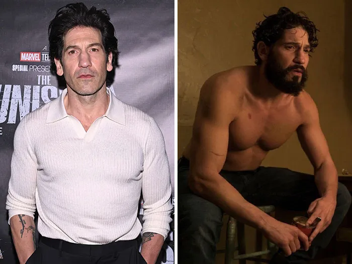 Jon Bernthal wearing a cream sweater on the left and shirtless on the right, framed as a Hollywood hunk