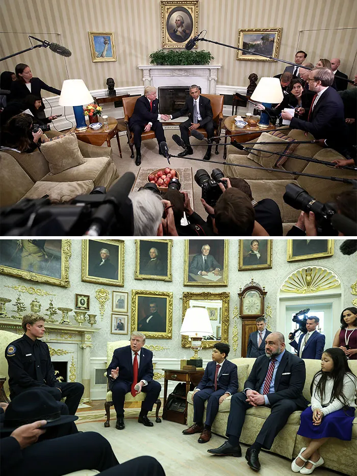 Photos showing press coverage during events in Obama and Trump Oval Offices.