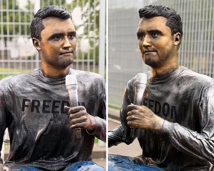 A strange bronze sculpture of a man holding a microphone representing bizarre public art