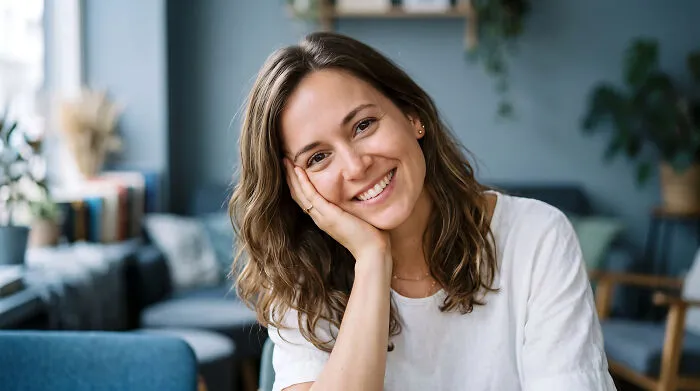 Smiling woman in casual setting representing obvious lies