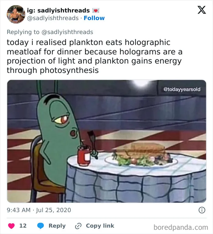 Funny biology meme about plankton eating holographic meatloaf and photosynthesis