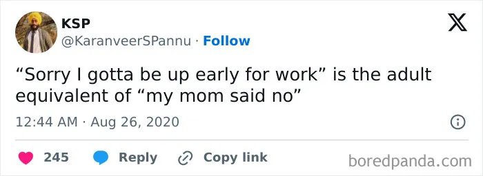 Meme comparing adult work excuses to childhood rejection
