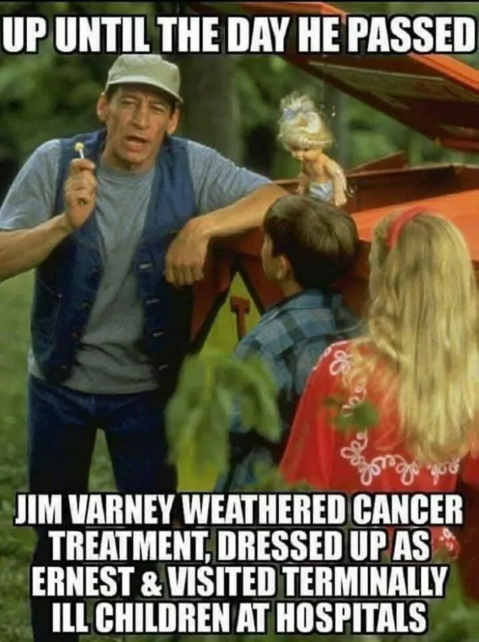 Meme featuring Jim Varney as Ernest, one of many nostalgic photos bringing back 80s kids childhoods.