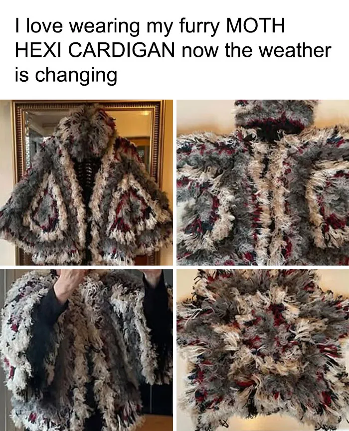 Four photos showing a bulky, multi-colored furry moth cardigan as hilarious art projects.
