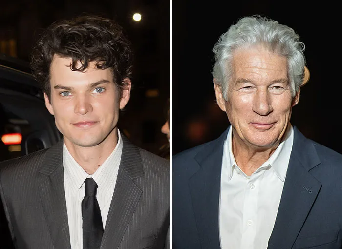 Side-by-side photo of Homer James Jigme Gere alongside father Richard Gere, prominent nepo babies in Hollywood.