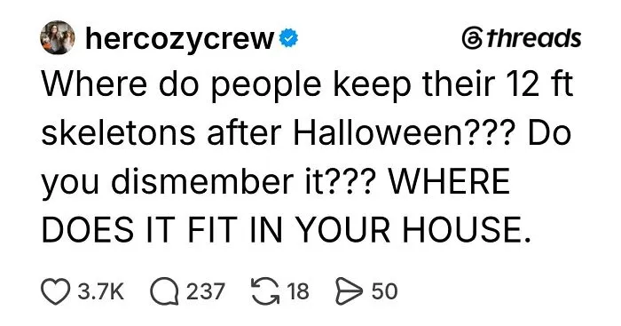 Funny Halloween posts thread asking where people store giant 12 ft skeleton decorations after spooky season.