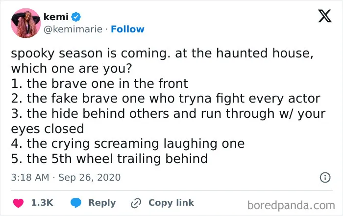 Spooky season tweet listing five hilarious relatable types of people at a haunted house.