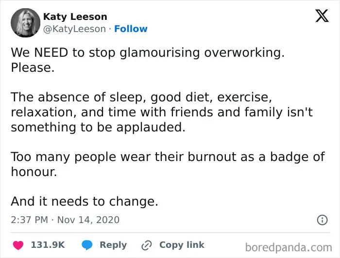 A social media post about overworking burnout as one of the relatable work tweets.