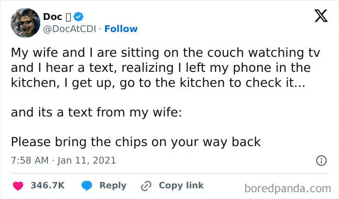 Hilarious marriage tweets about a wife texting her husband to bring chips from the kitchen.