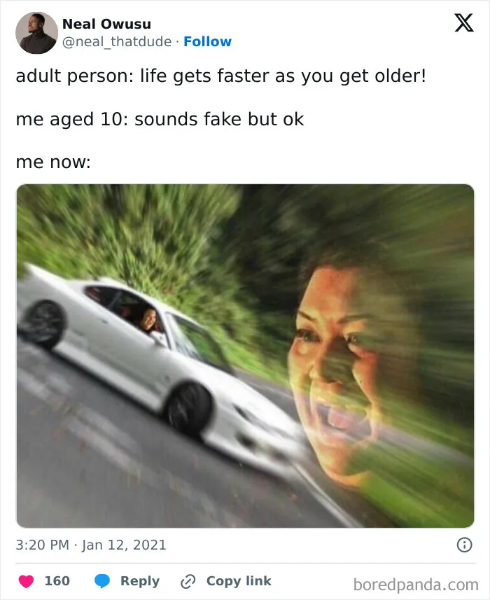 Meme showing life getting faster as you age with car and excited face blur